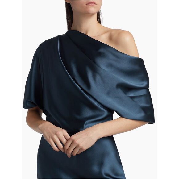 Amsale Midnight Blue One-Shoulder Midi Dress - Picture 4 of 12